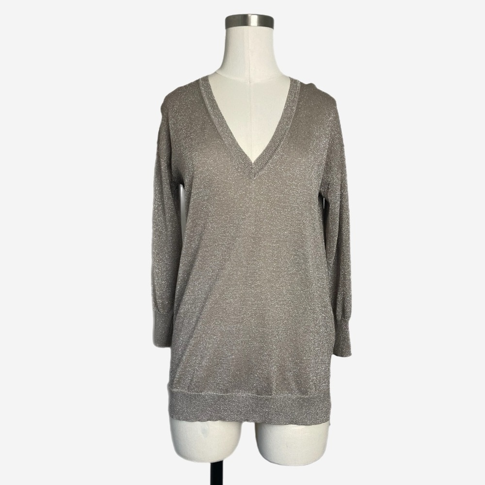 Jcrew Factory Gold silver glitter v-neck lightweight sweater festive minimal XS